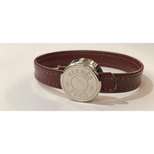 Hermès - Bracelet In Silver Metal And Burgundy Leather