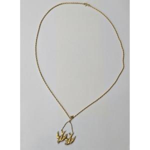 Yellow Gold Necklace With Couple Of Swallows Holding A Fine Pearl, 1900 Period