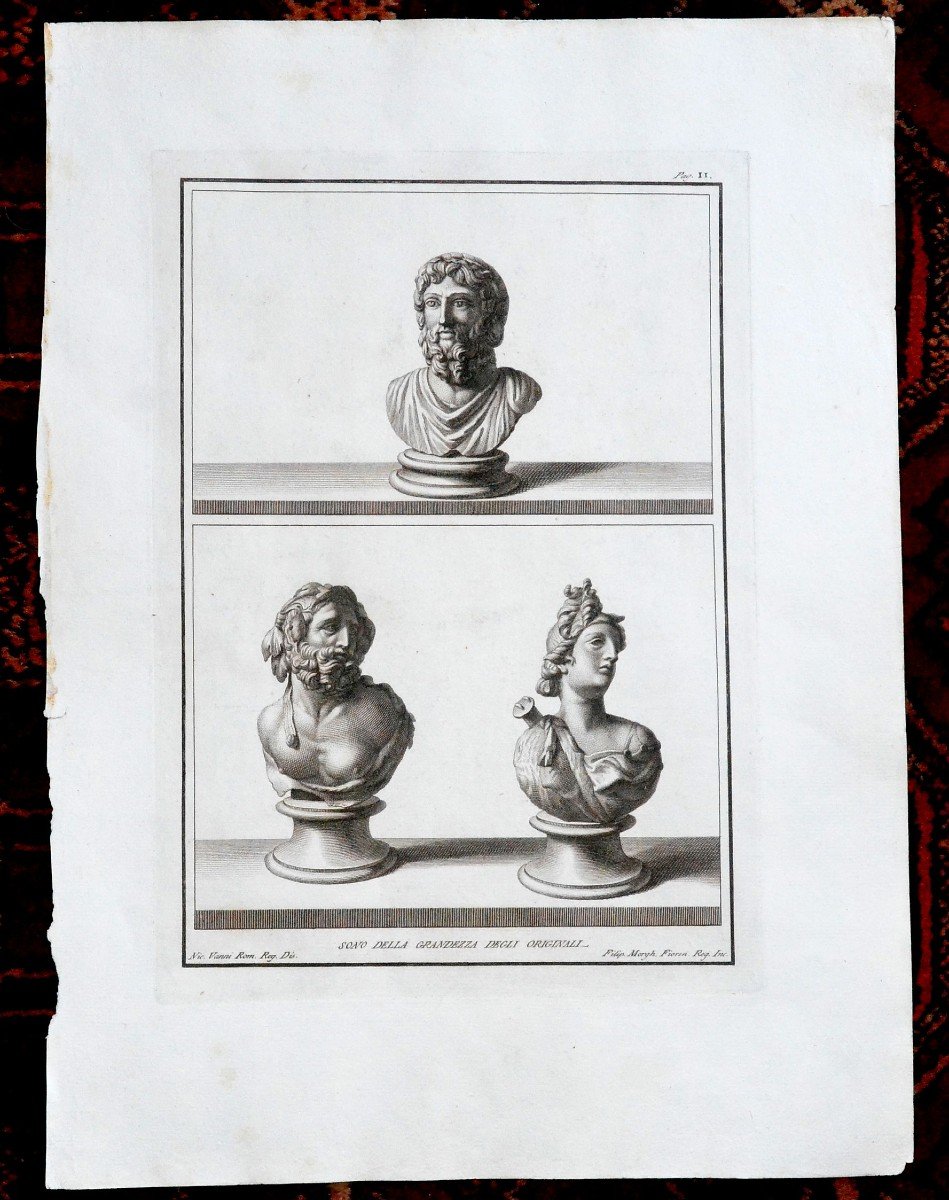 3 bustes romains. Gravure XVIIIe. -photo-2