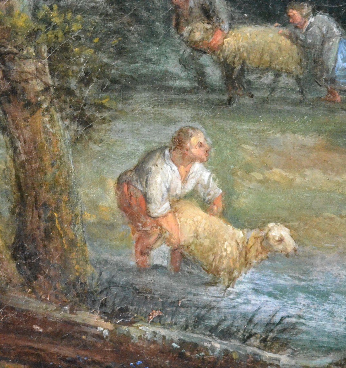 "La tonte des moutons dans un paysage italien." Ec. flamande.-photo-3