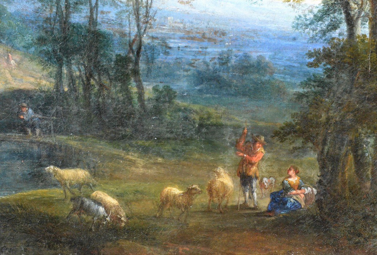 "La tonte des moutons dans un paysage italien." Ec. flamande.-photo-4