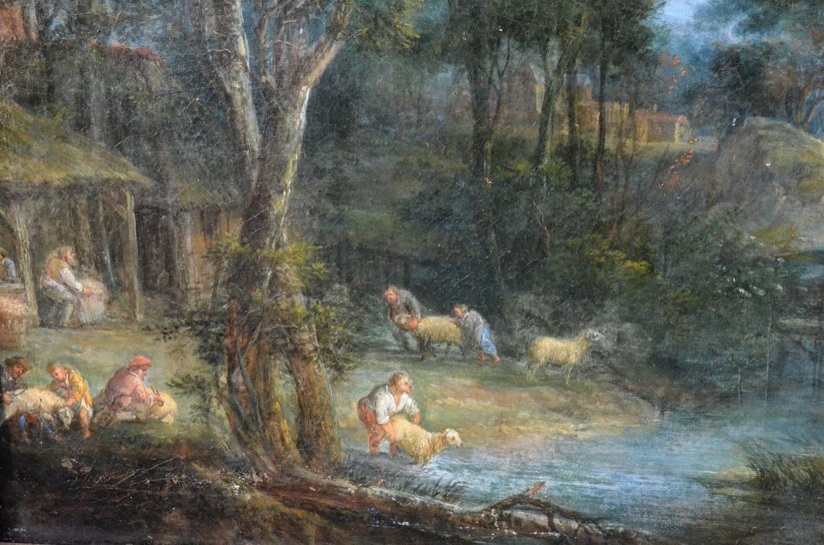 "La tonte des moutons dans un paysage italien." Ec. flamande.-photo-1