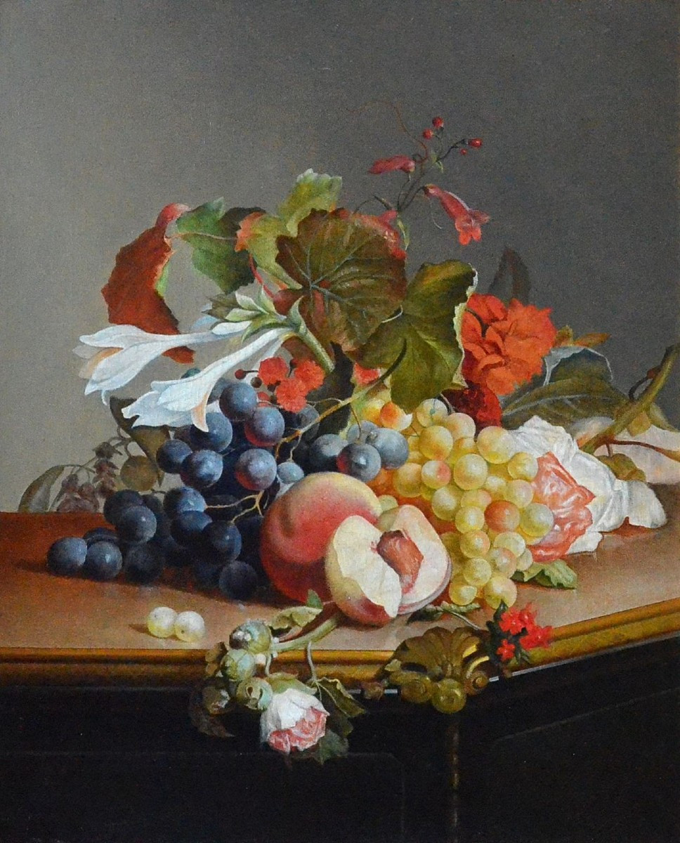Composition aux fleurs et aux fruits.