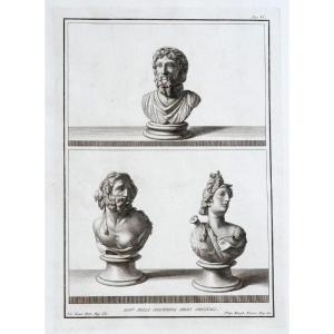 3 Roman Busts. 18th Century Engraving.