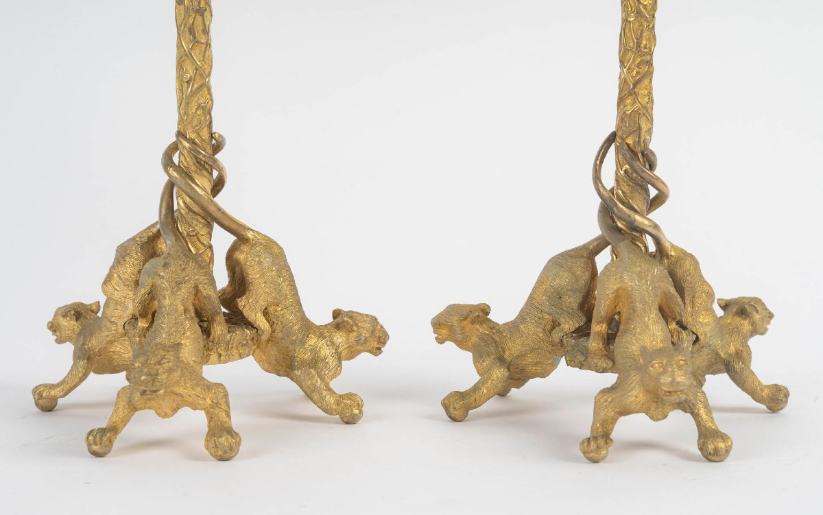 Paire de bougeoirs en bronze doré d'époque Napoléon III attribués à Christophe Fratin-photo-4