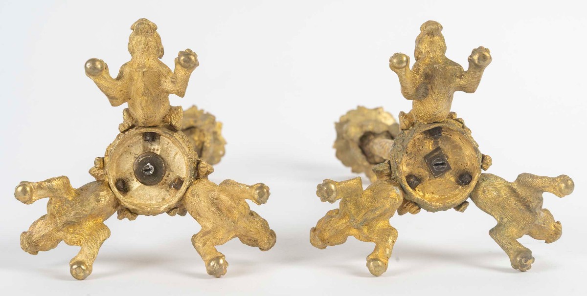 Paire de bougeoirs en bronze doré d'époque Napoléon III attribués à Christophe Fratin-photo-1