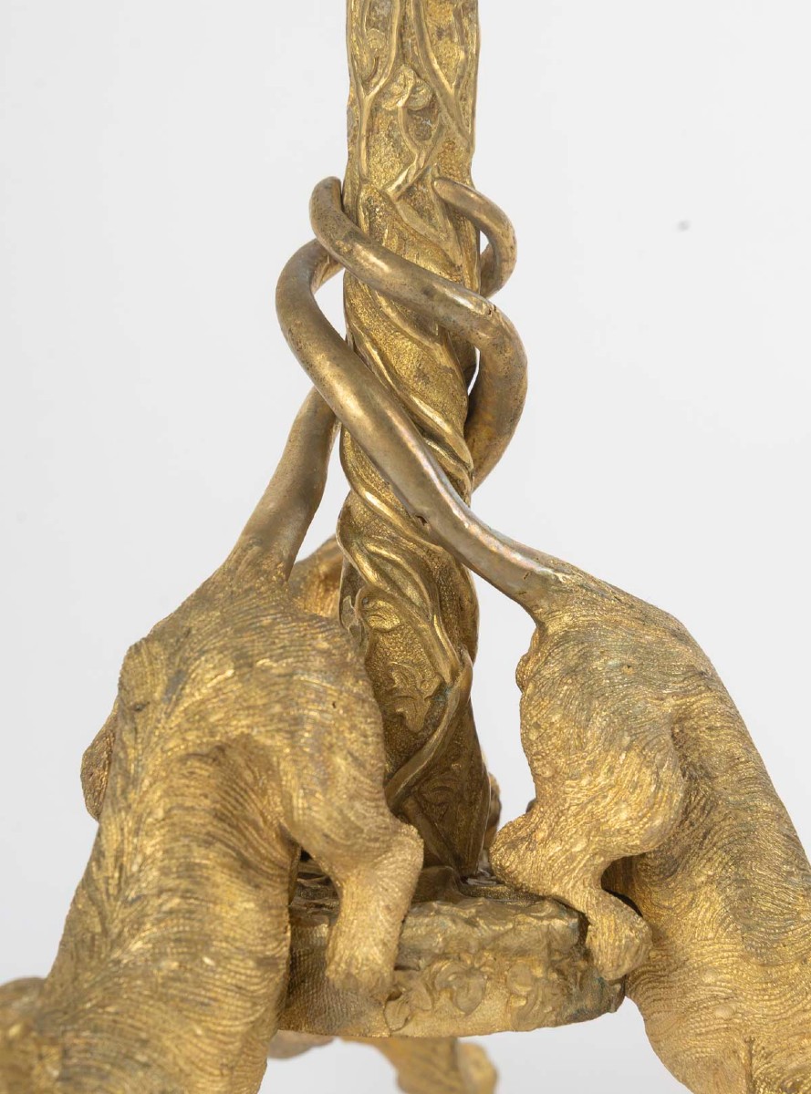 Paire de bougeoirs en bronze doré d'époque Napoléon III attribués à Christophe Fratin-photo-2