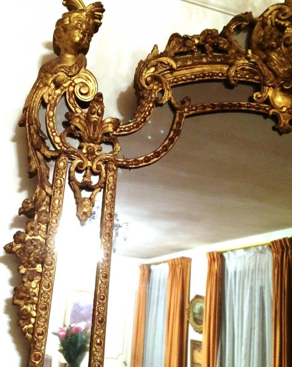 Exceptionnel miroir de boiserie d'Epoque Régence en bois sculpté et doré-photo-4