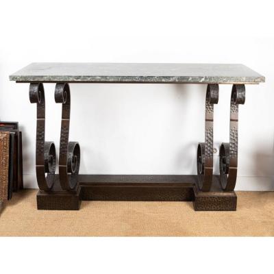 Beautiful Art Deco Hammered Wrought Iron Console, In The Taste Of E. Brandt