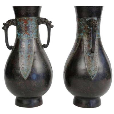 Pair Of Japanese Bronze Vases With Enamelled Decoration