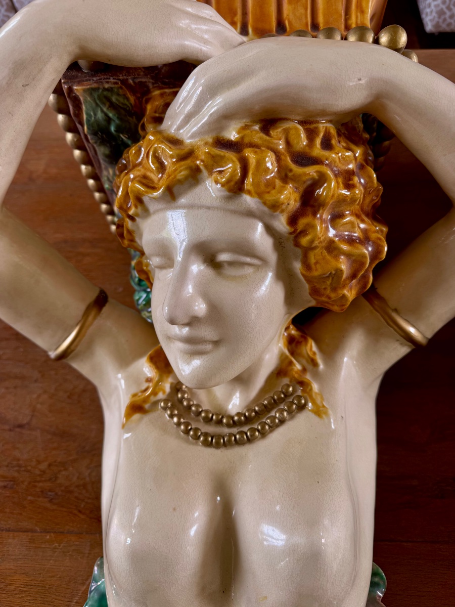 Pair Of Barbotine Caryatids-photo-3