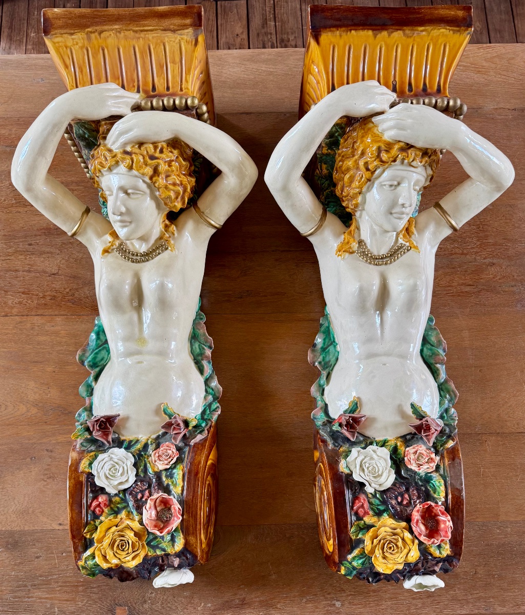 Pair Of Barbotine Caryatids-photo-6