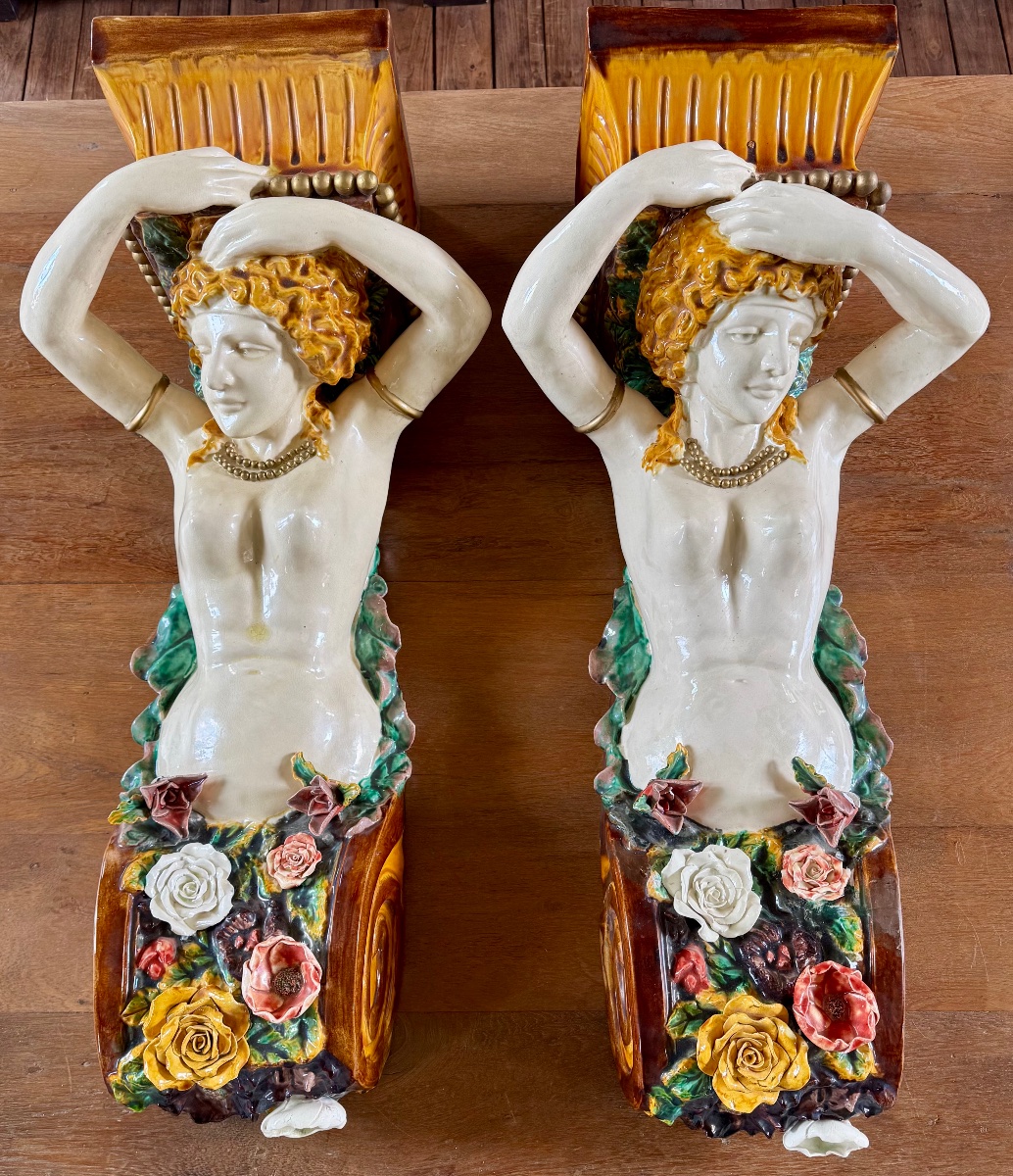 Pair Of Barbotine Caryatids