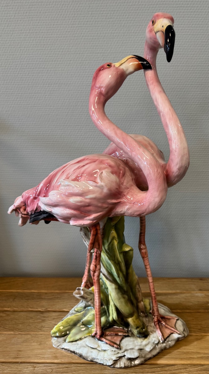 Importante Barbotine aux Flamants Roses-photo-2