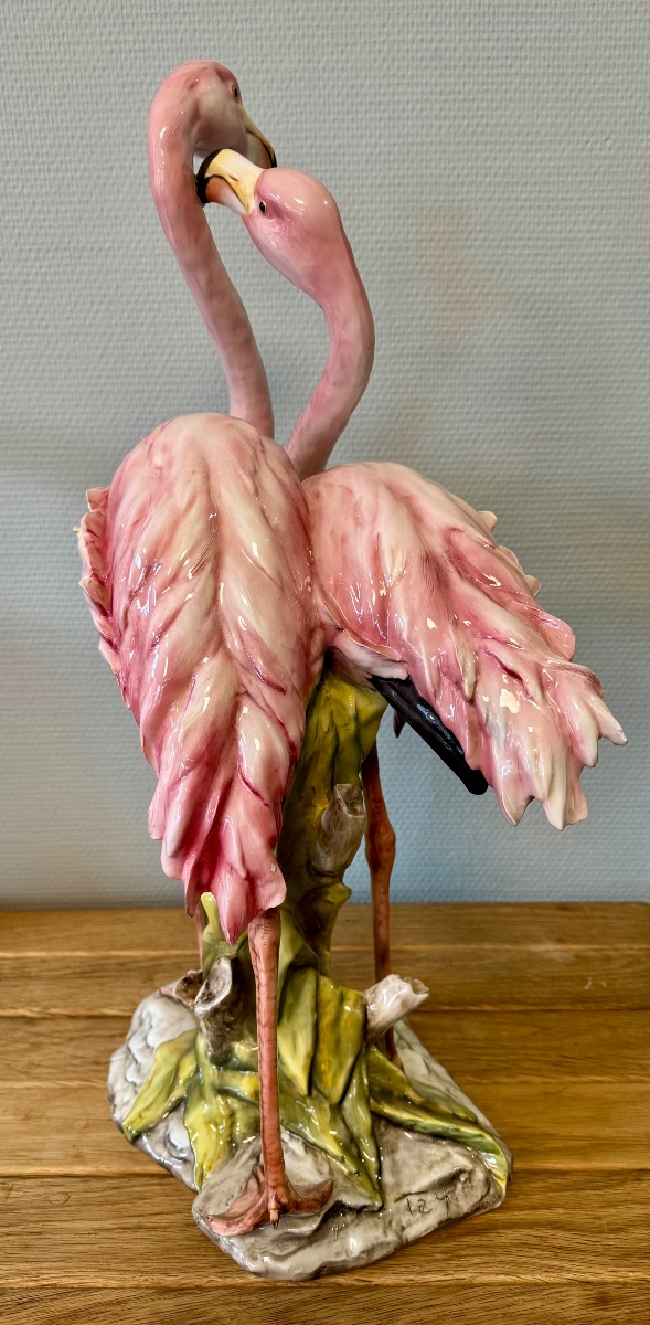 Importante Barbotine aux Flamants Roses-photo-3