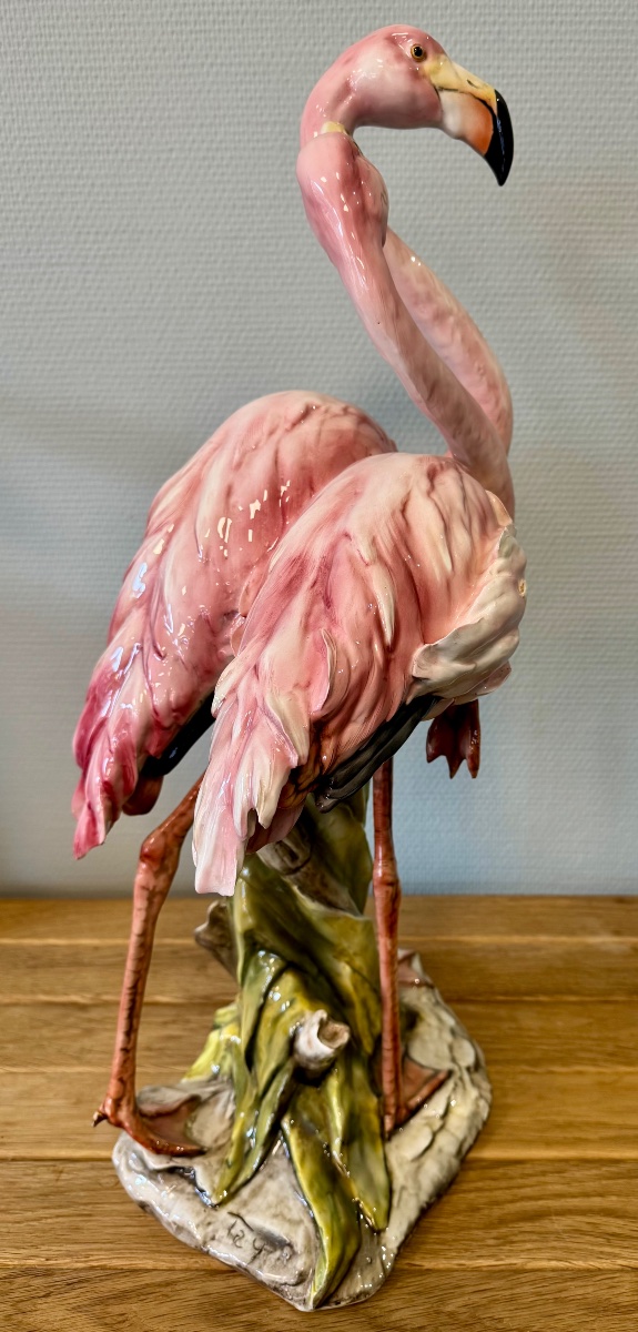 Importante Barbotine aux Flamants Roses-photo-4