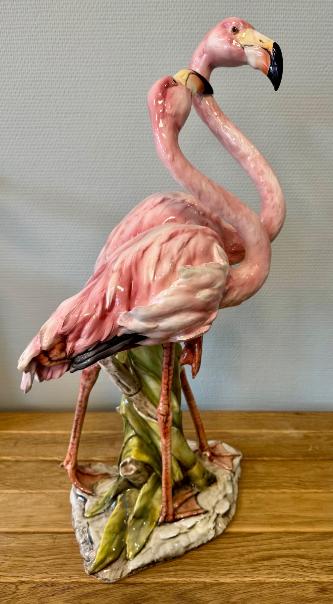 Importante Barbotine aux Flamants Roses-photo-5