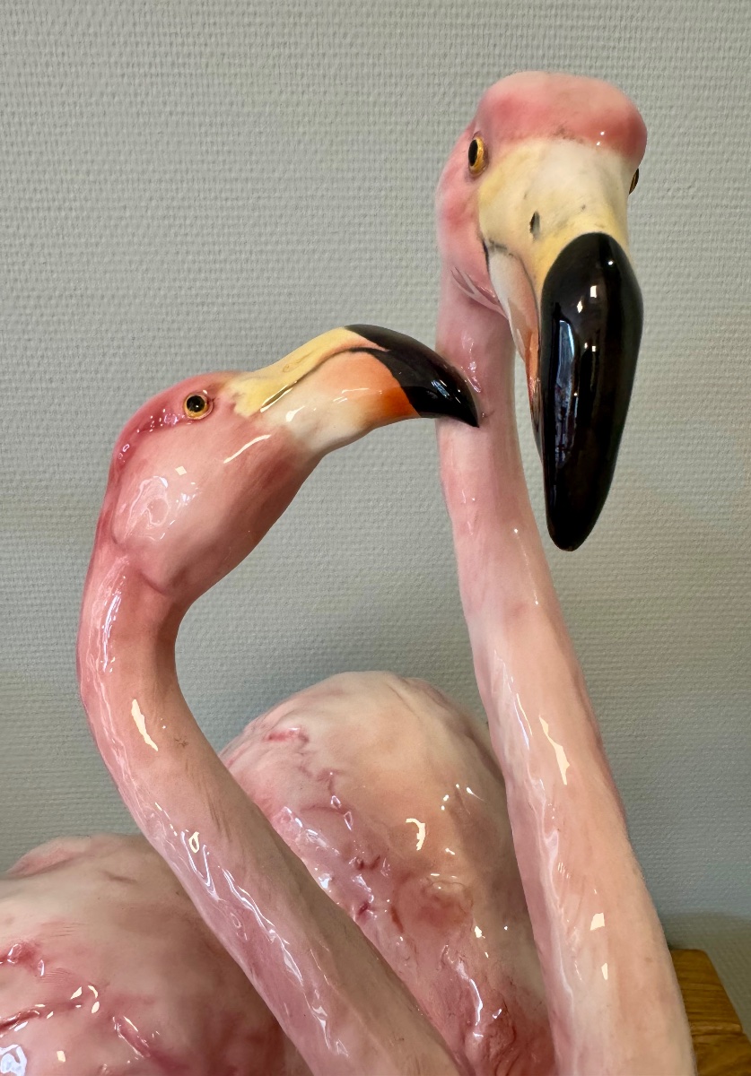 Importante Barbotine aux Flamants Roses-photo-7