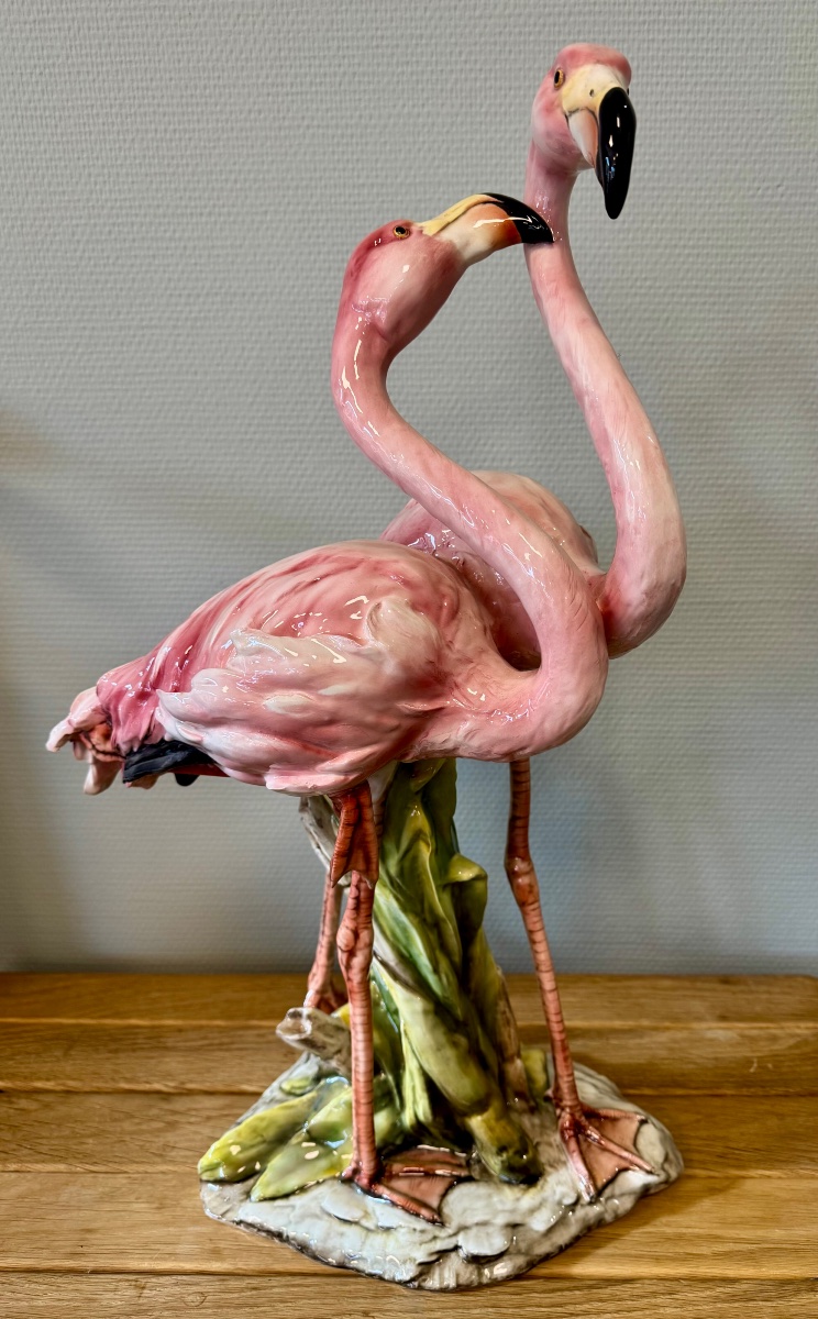Importante Barbotine aux Flamants Roses