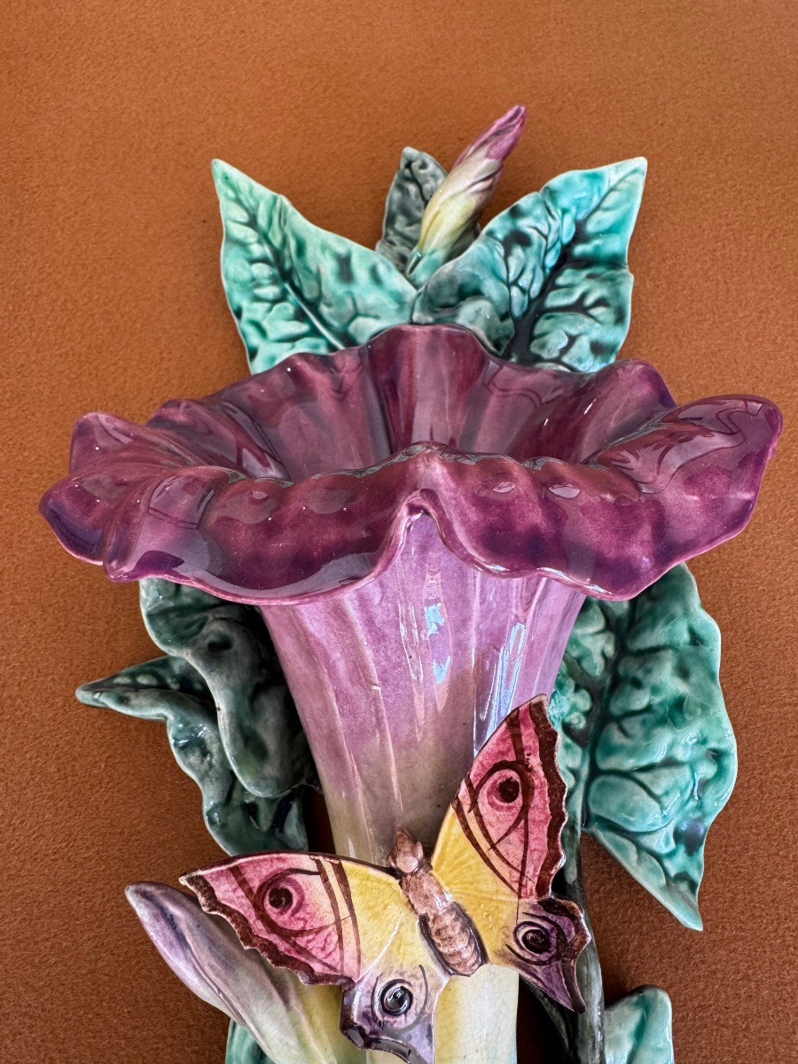 Pair Of Butterfly Flower Vases, Barbotine-photo-2