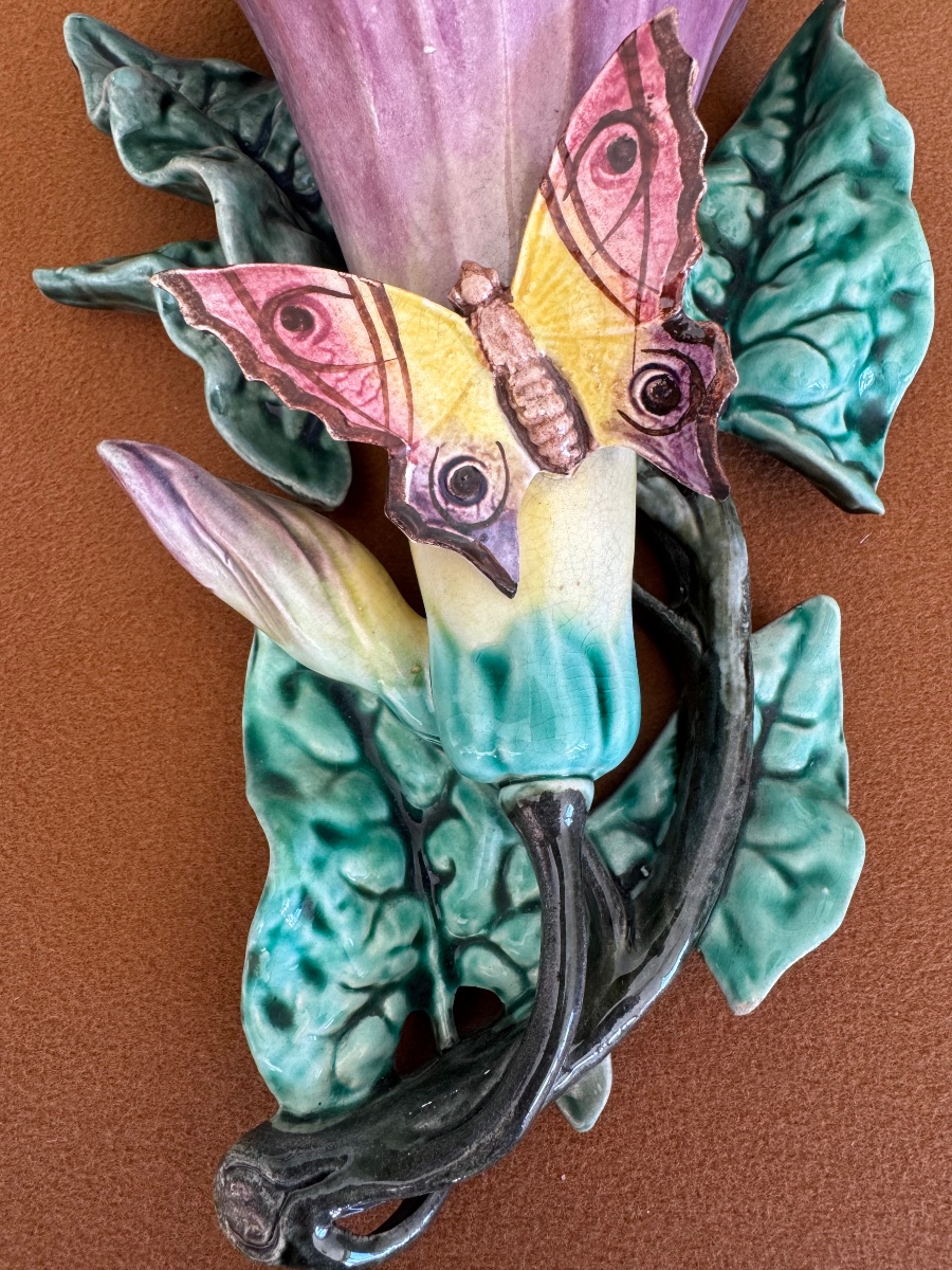 Pair Of Butterfly Flower Vases, Barbotine-photo-2