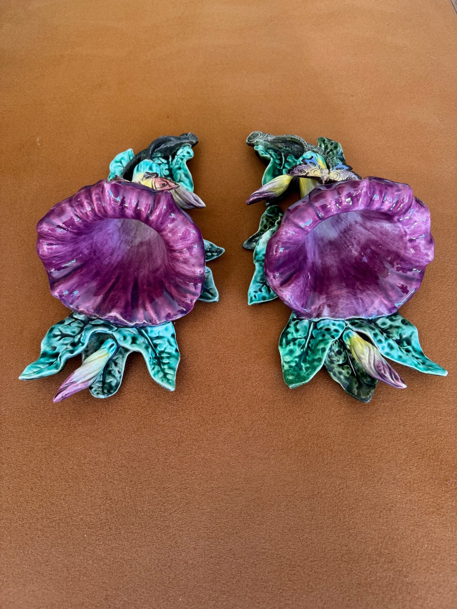 Pair Of Butterfly Flower Vases, Barbotine-photo-7