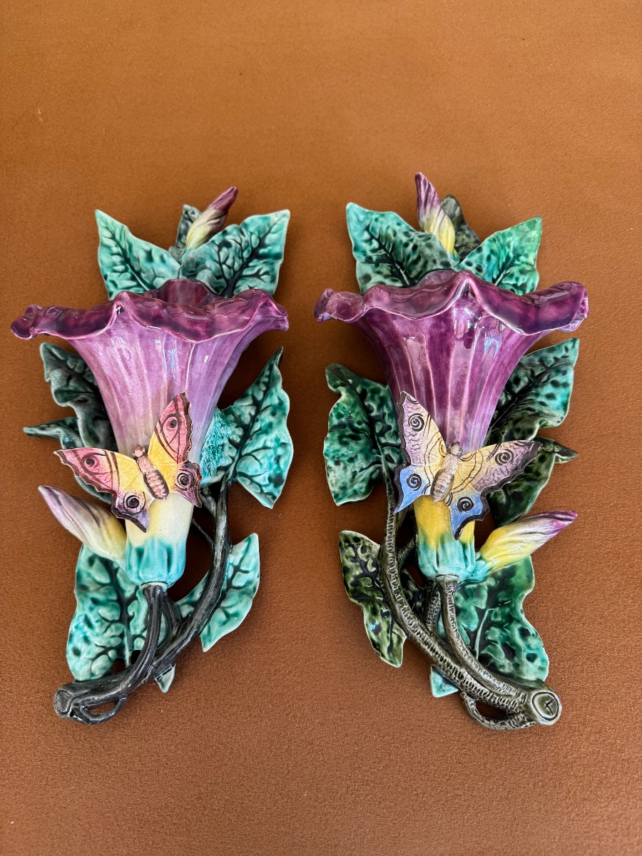 Pair Of Butterfly Flower Vases, Barbotine
