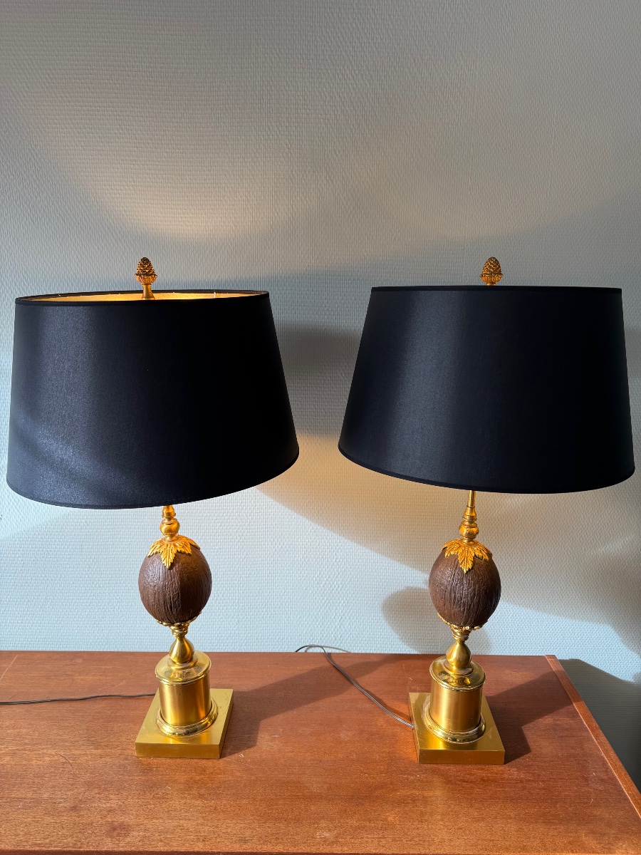 Paire de Lampes en laiton et noix de coco-photo-2