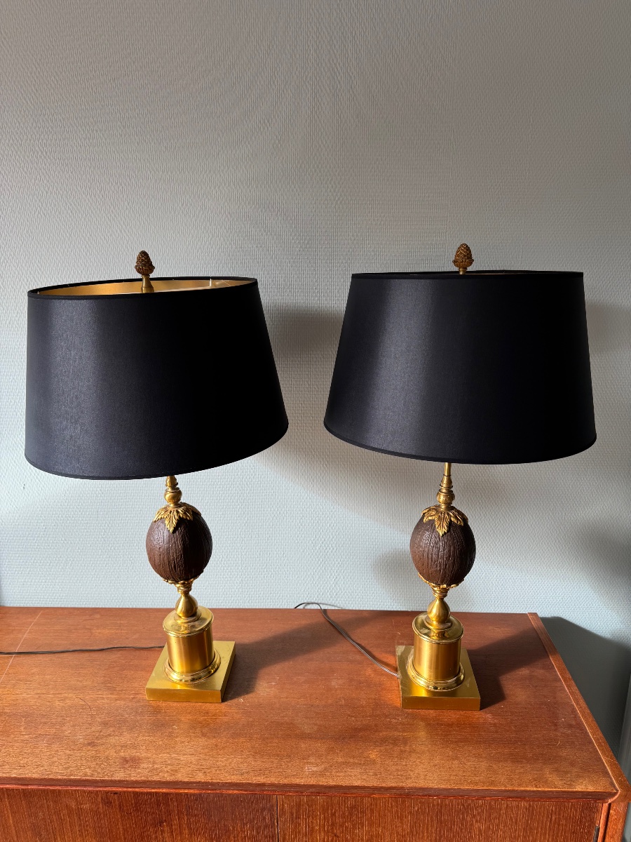 Paire de Lampes en laiton et noix de coco-photo-1