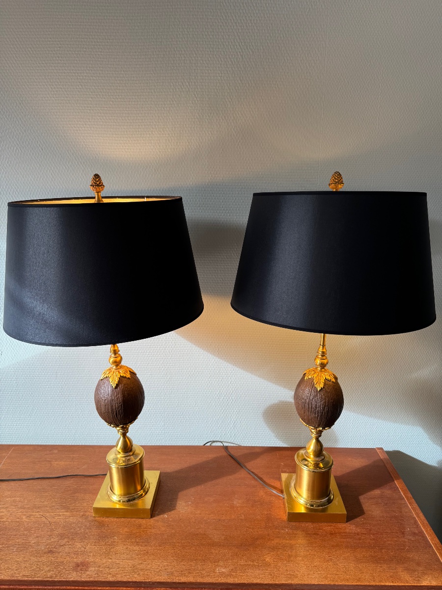 Paire de Lampes en laiton et noix de coco-photo-7
