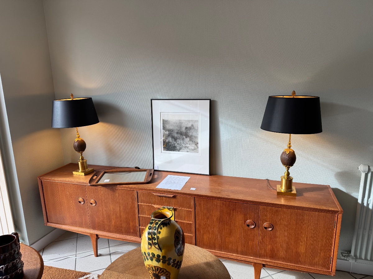 Paire de Lampes en laiton et noix de coco-photo-8