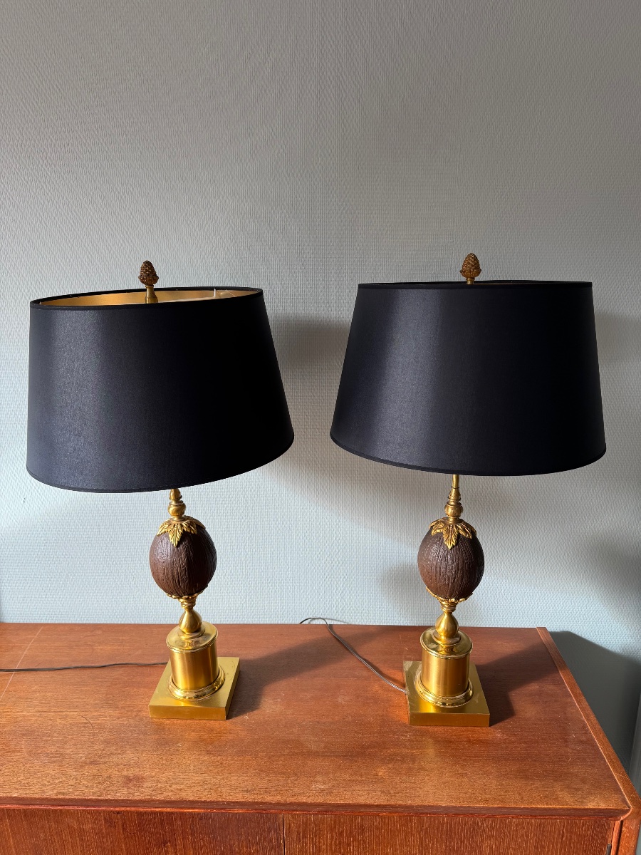 Paire de Lampes en laiton et noix de coco