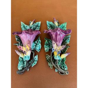 Pair Of Butterfly Flower Vases, Barbotine