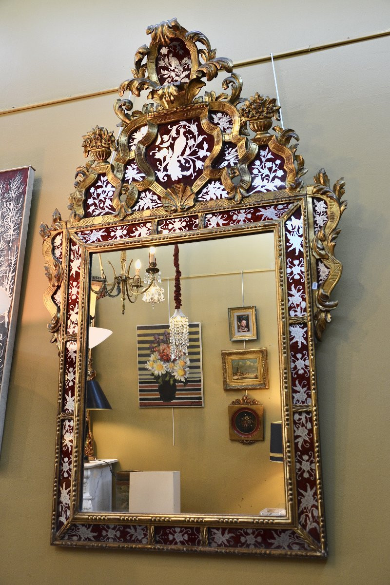 Miroir à parcloses en bois doré et verre églomisé, style baroque, Italie, XIXe siècle-photo-2