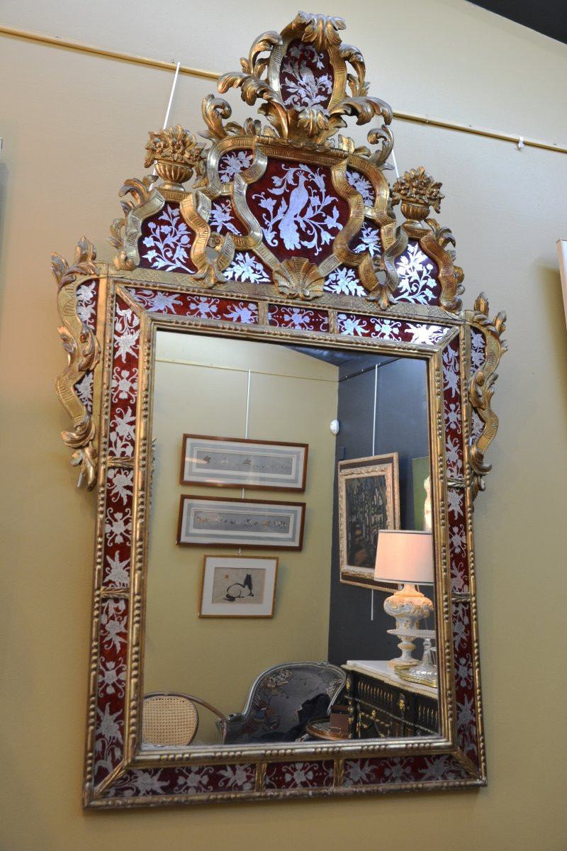 Miroir à parcloses en bois doré et verre églomisé, style baroque, Italie, XIXe siècle-photo-3
