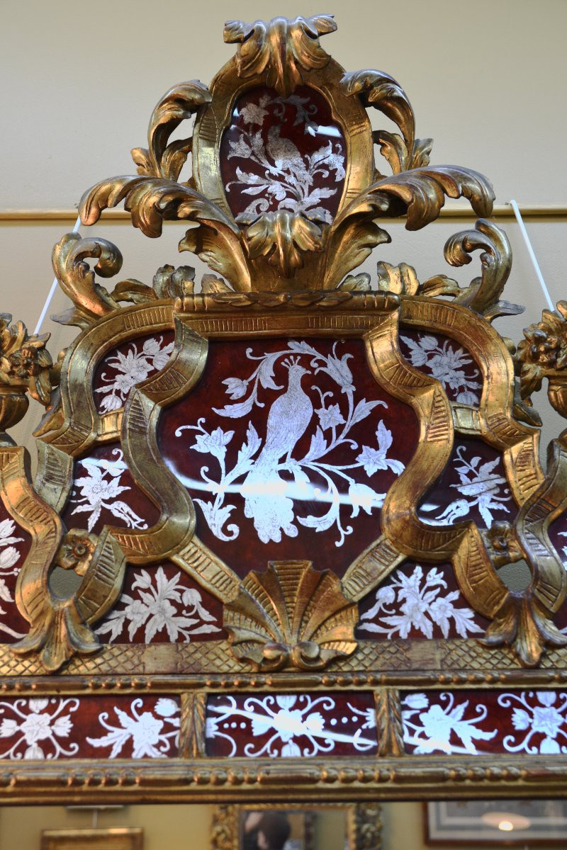 Miroir à parcloses en bois doré et verre églomisé, style baroque, Italie, XIXe siècle-photo-4