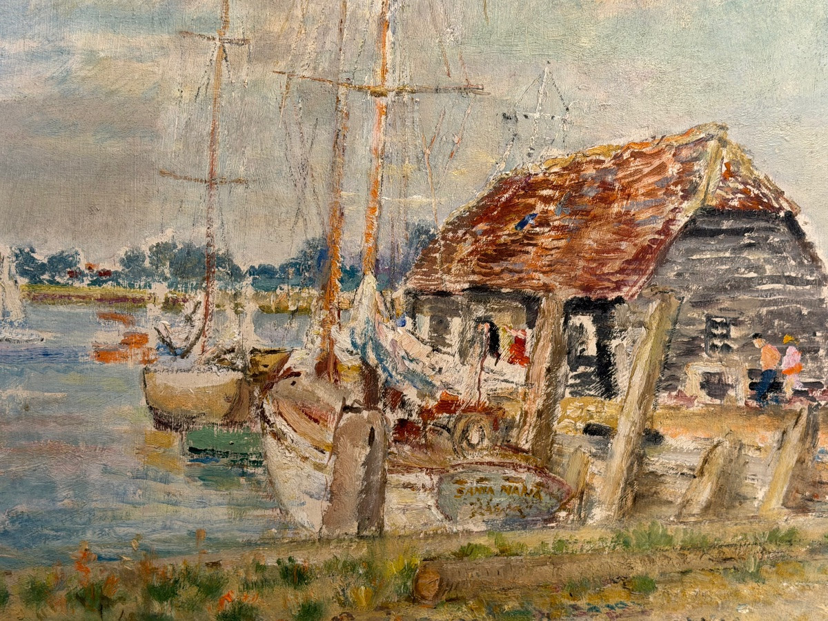 Scène portuaire, huile sur toile — Margaret Fisher Prout, 1946-photo-3