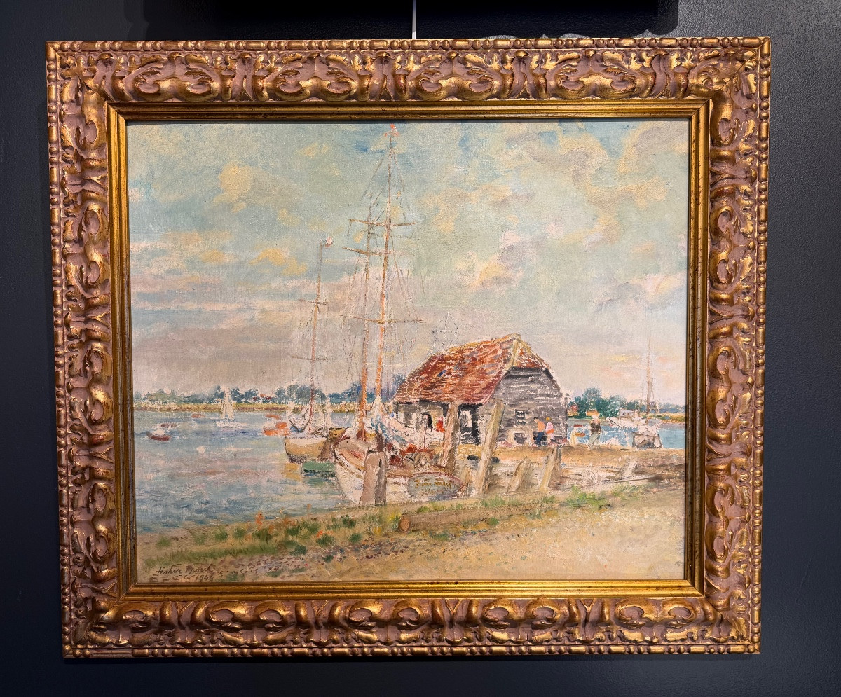 Scène portuaire, huile sur toile — Margaret Fisher Prout, 1946