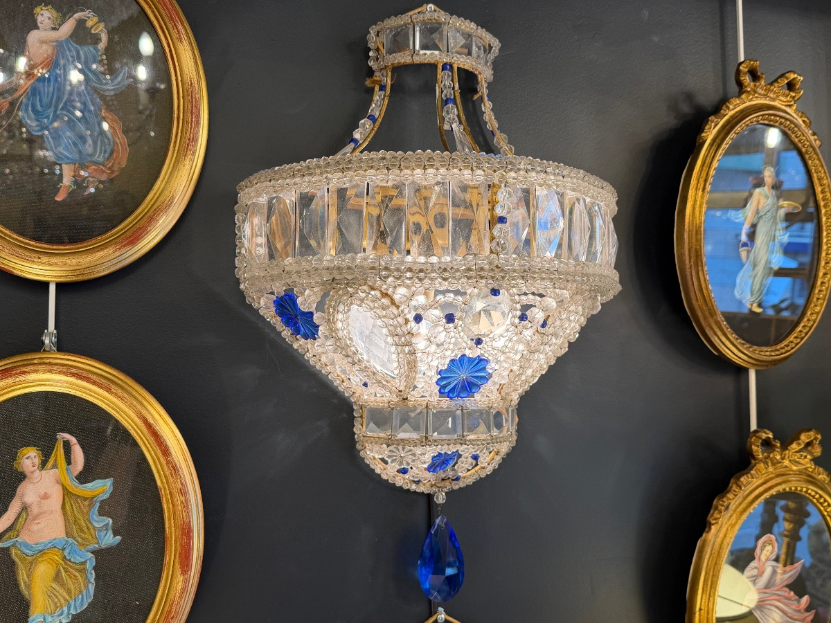 Pair Of Sconces In Cut Crystal And Cobalt Blue Glass, Empire Style - 20th Century-photo-3