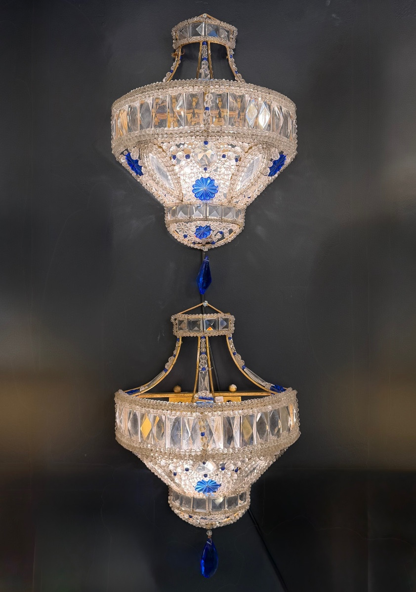 Pair Of Sconces In Cut Crystal And Cobalt Blue Glass, Empire Style - 20th Century