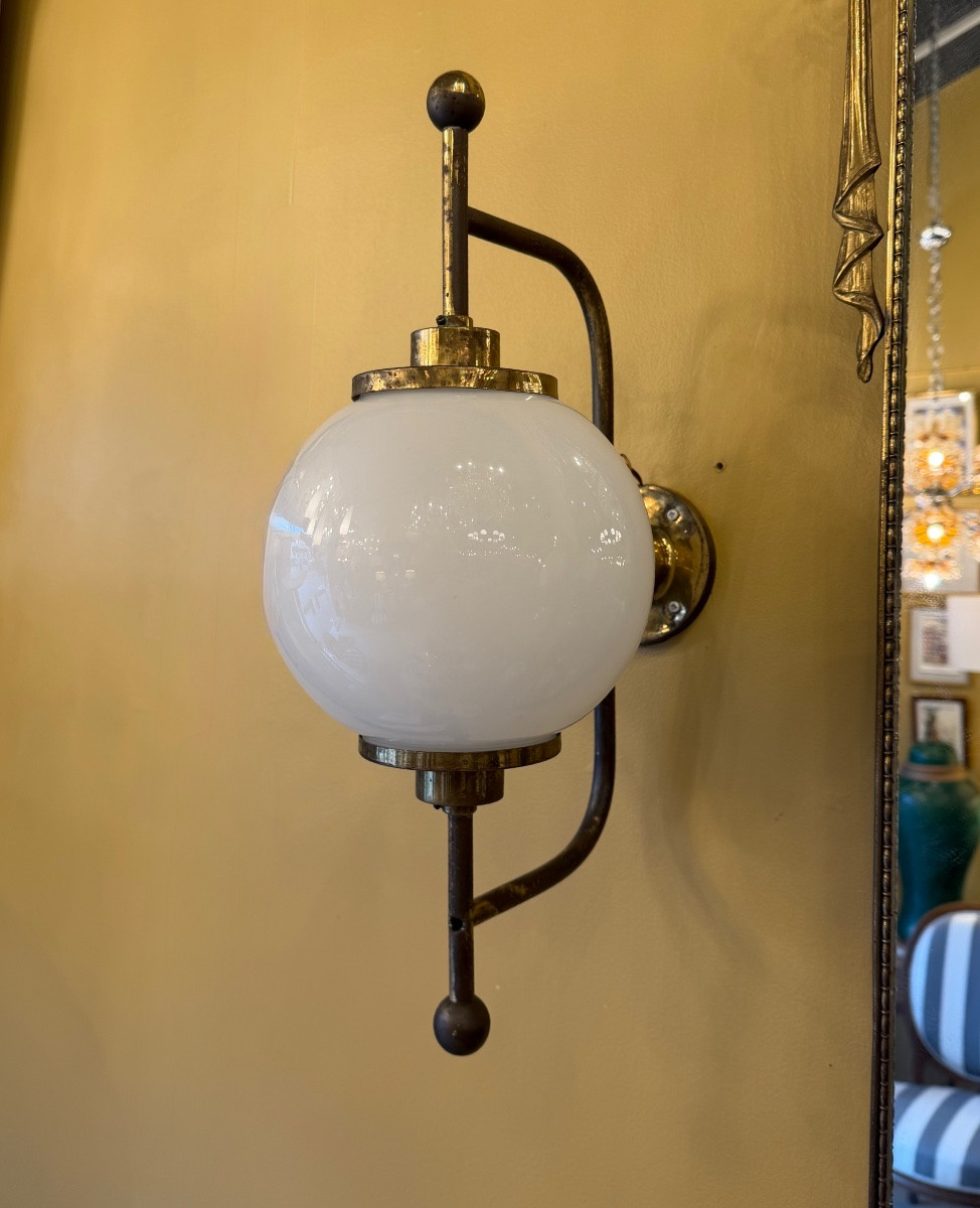 Pair Of Brass Sconces With White Opaline Glass Globe - Mid 20th Century-photo-4
