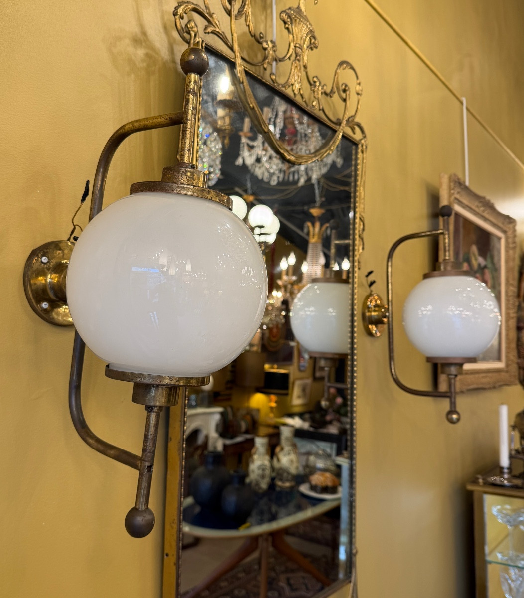Pair Of Brass Sconces With White Opaline Glass Globe - Mid 20th Century