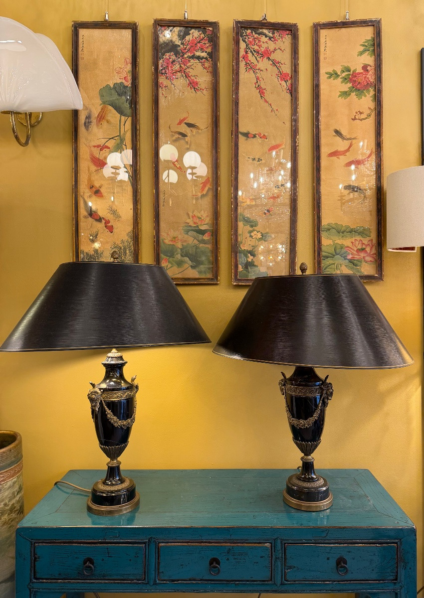 Paire de lampes en marbre noir et bronze doré, style Empire — XXe siècle-photo-3