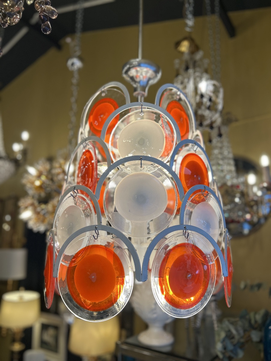 Orange And White Murano Glass Chandelier - Italy, 1970s-photo-2