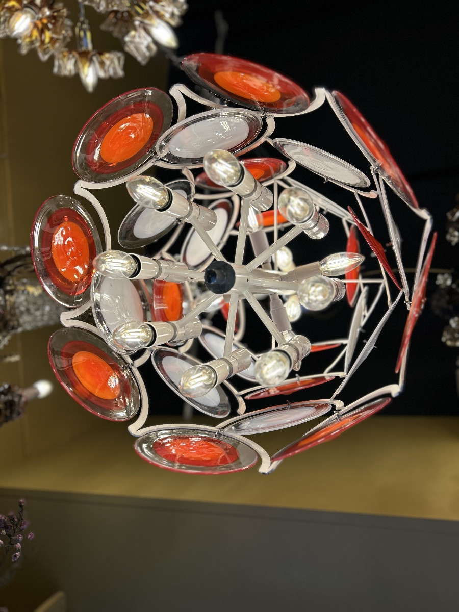 Orange And White Murano Glass Chandelier - Italy, 1970s-photo-3