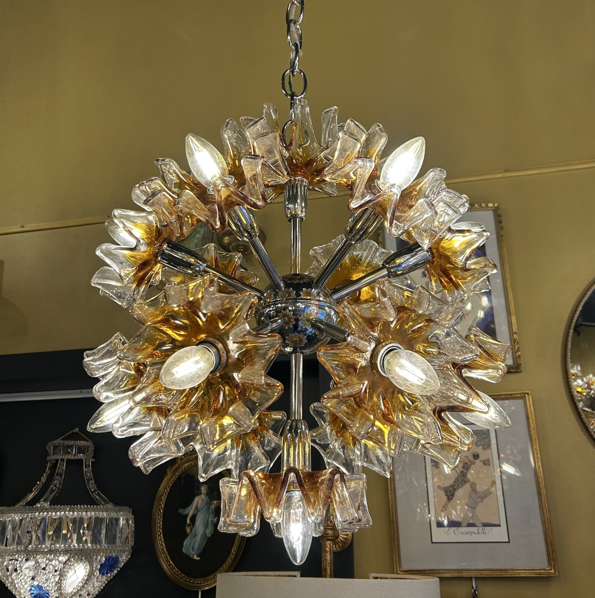 Sputnik Chandelier In Amber Murano Glass - Mazzega, Italy, 1960-1970s-photo-2
