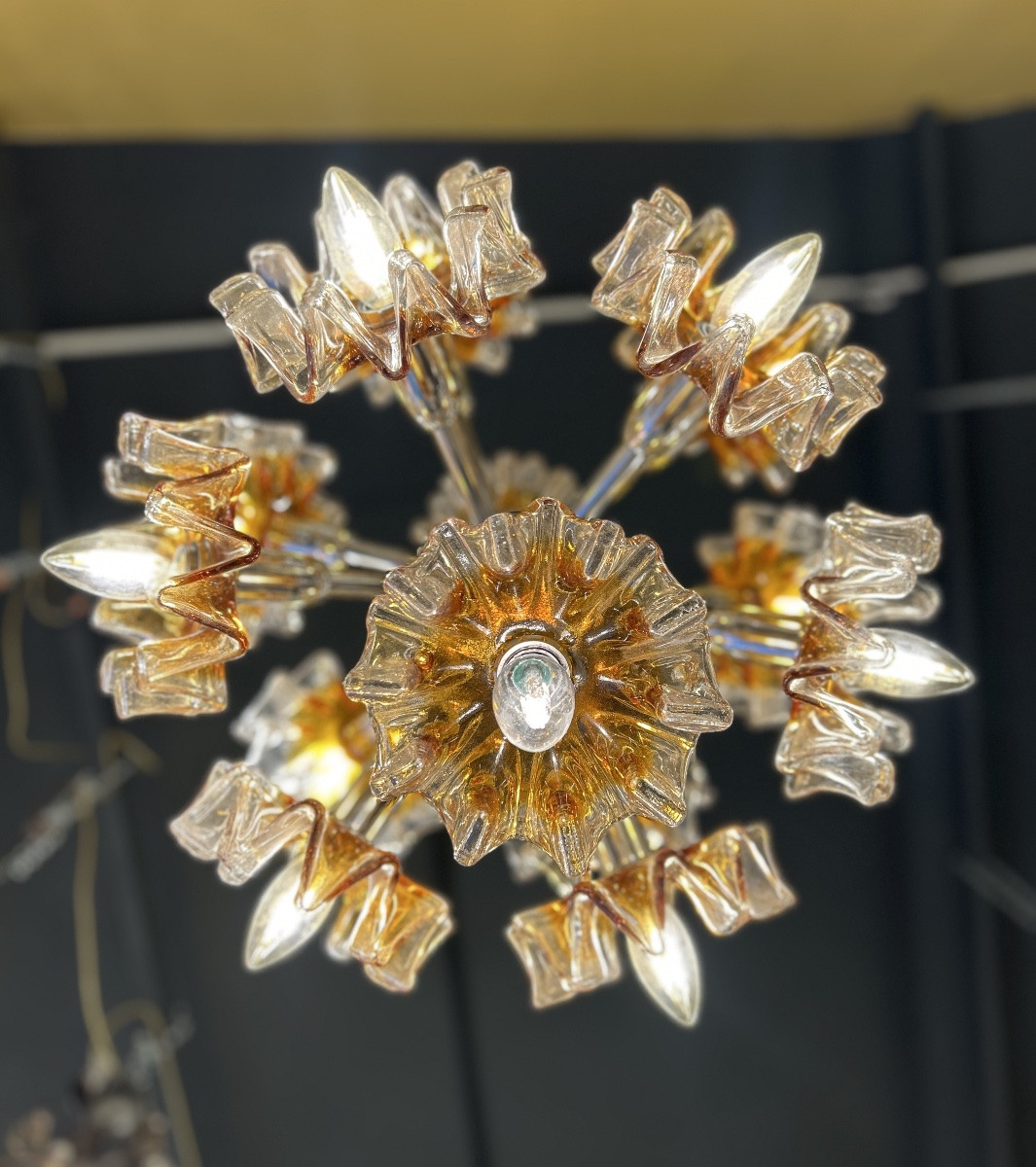 Sputnik Chandelier In Amber Murano Glass - Mazzega, Italy, 1960-1970s-photo-3