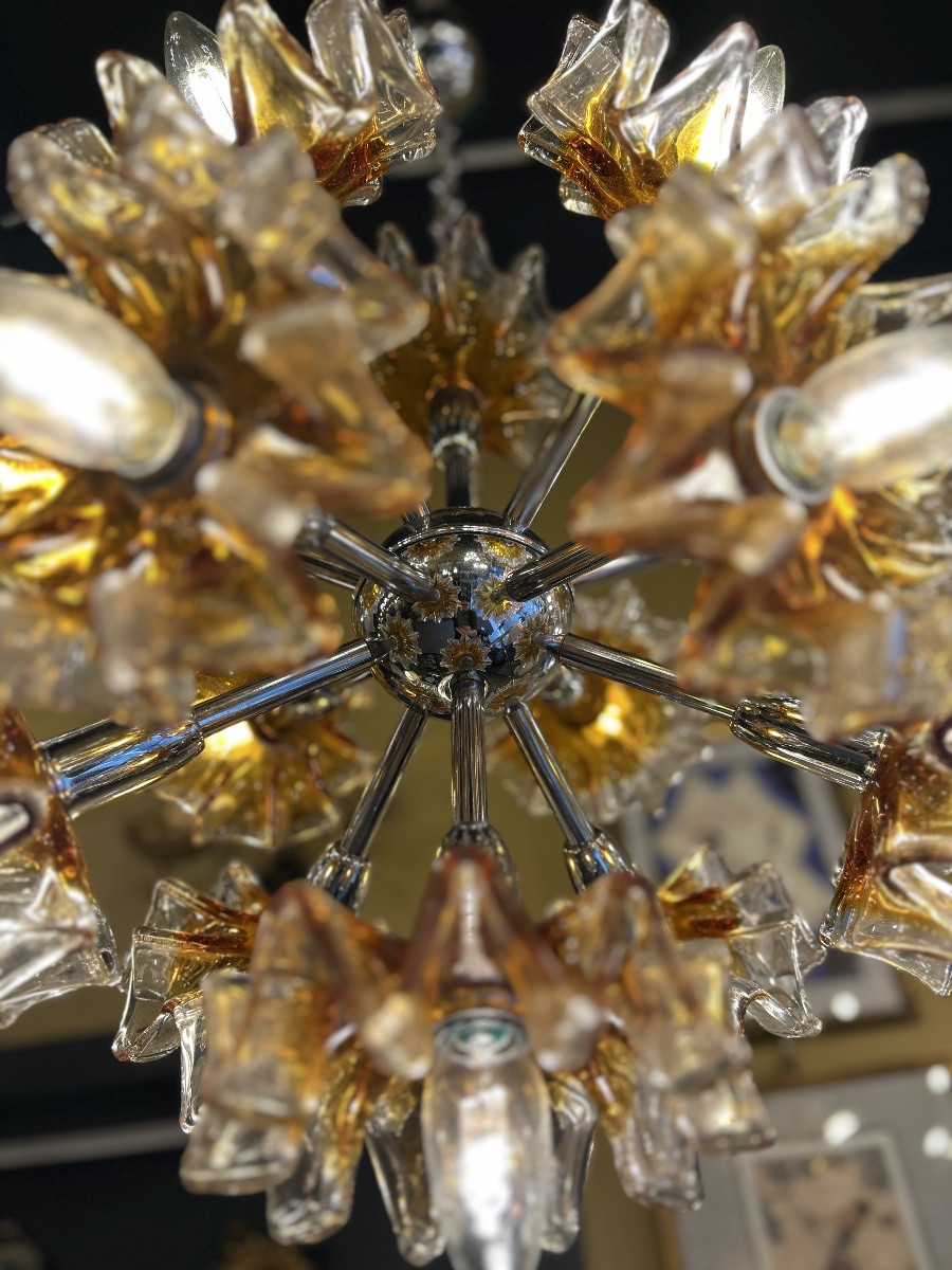 Sputnik Chandelier In Amber Murano Glass - Mazzega, Italy, 1960-1970s-photo-4