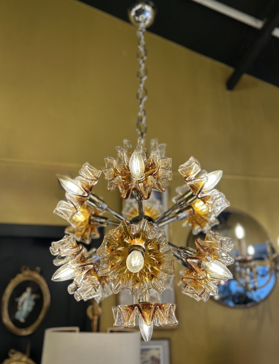 Sputnik Chandelier In Amber Murano Glass - Mazzega, Italy, 1960-1970s