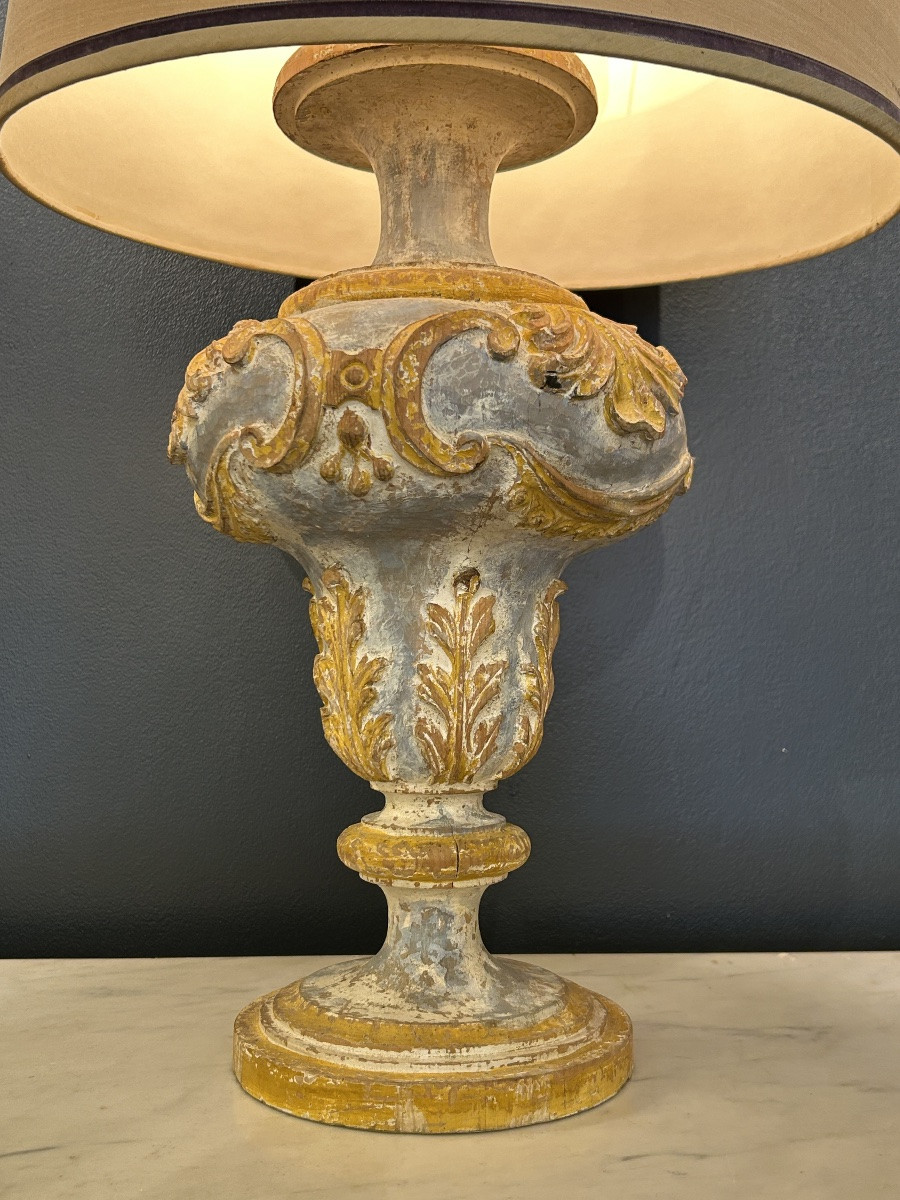 Pair Of Carved And Polychrome Wooden Lamps With Architectural Fragments - Italy, 18th Century-photo-4